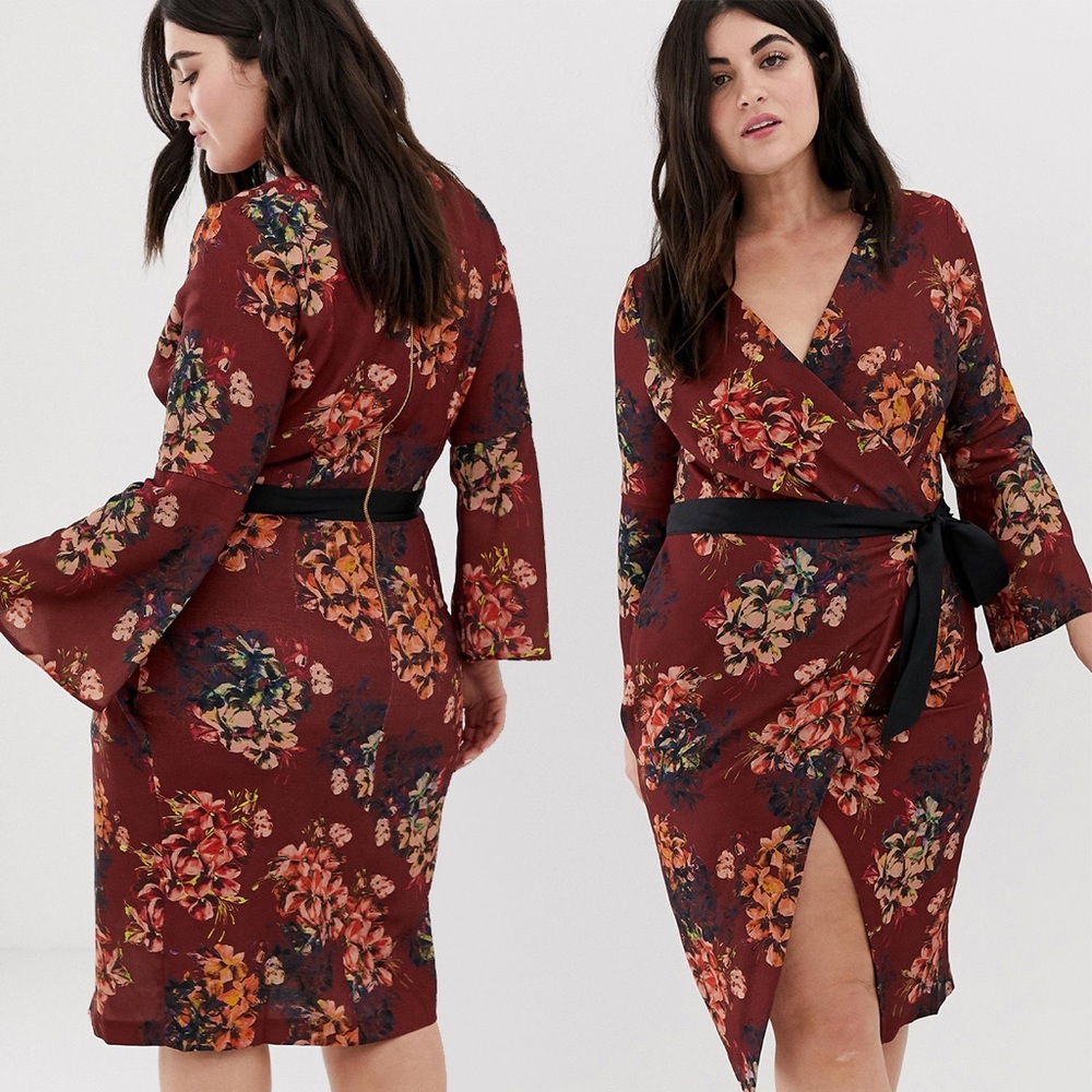 ClosetLondon Plus Allover Floral Wrap Pencil Dress